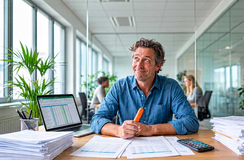 Gestresster Mann am Büroschreibtisch mit Regenwolke über dem Kopf und einer Karotte in der Hand – Einflussfaktoren auf den Blutdruck | Symbolbild (KI-generiert)